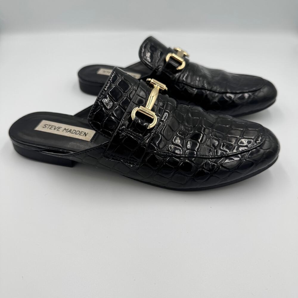 Steve Madden Royals Black Croc Embossed Horsebit Loafer Mule Slide Flat Gold 8 - Picture 8 of 16